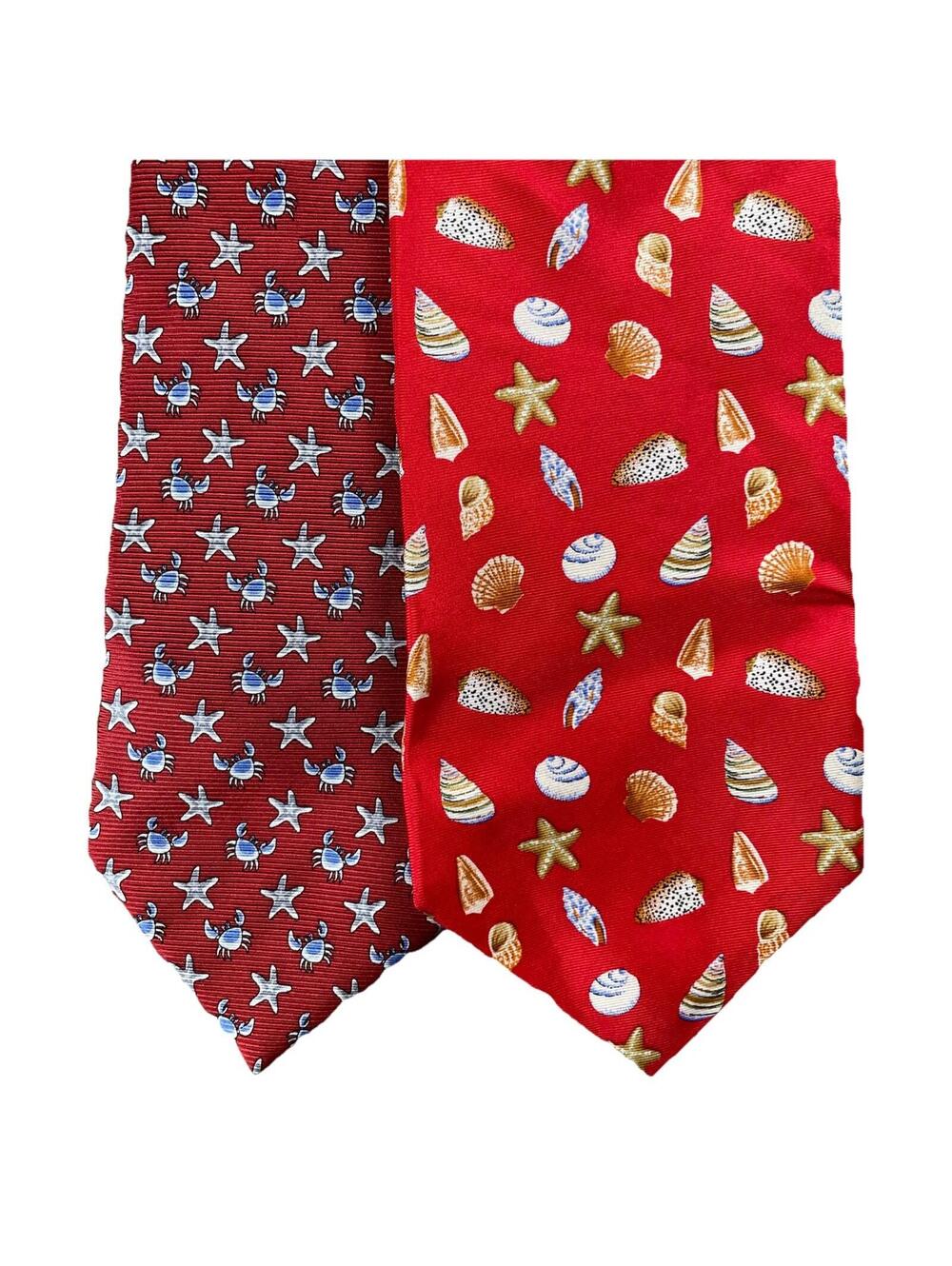 Lot of 2 Seaside Beach Pattern Ties Shells Crabs Red Shore & Singer Zionetti